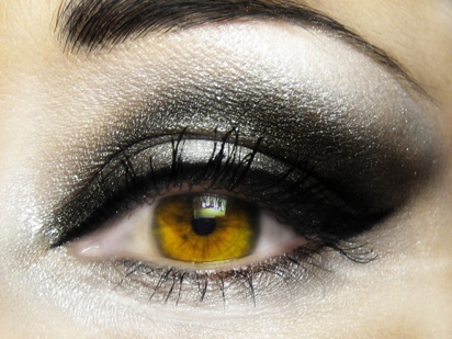 Dramatic eye makeup.